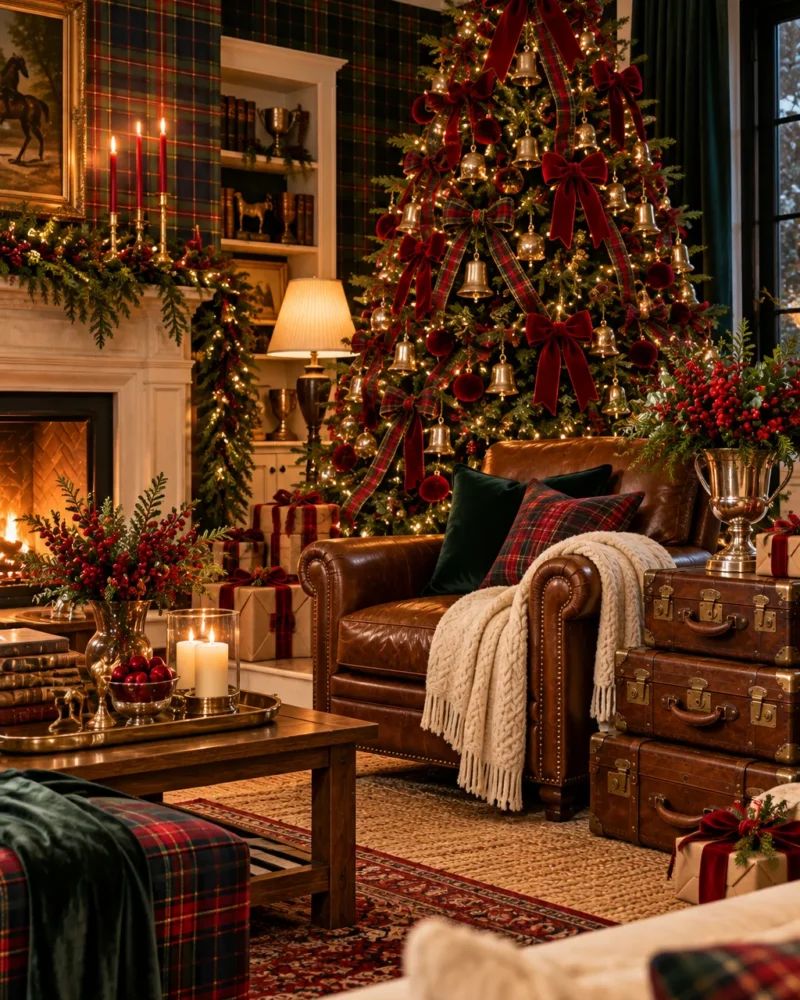 Classic tartan and plaid holiday living room – Ralph Lauren inspired Christmas decor