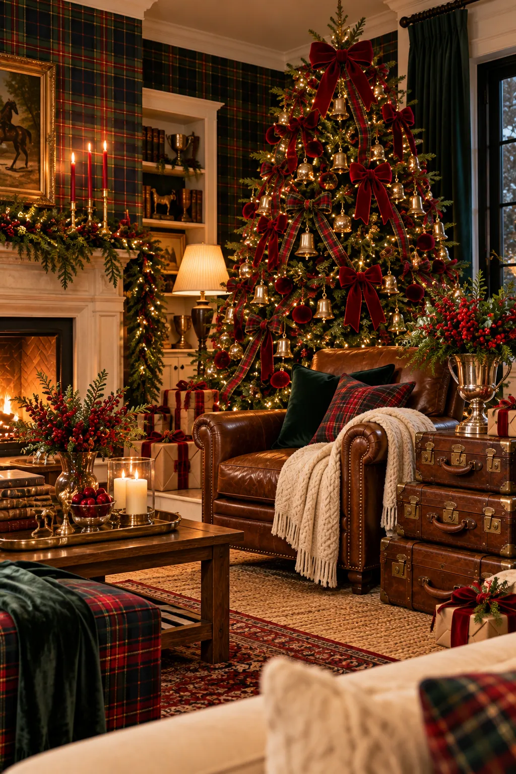 Classic tartan and plaid holiday living room – Ralph Lauren inspired Christmas decor