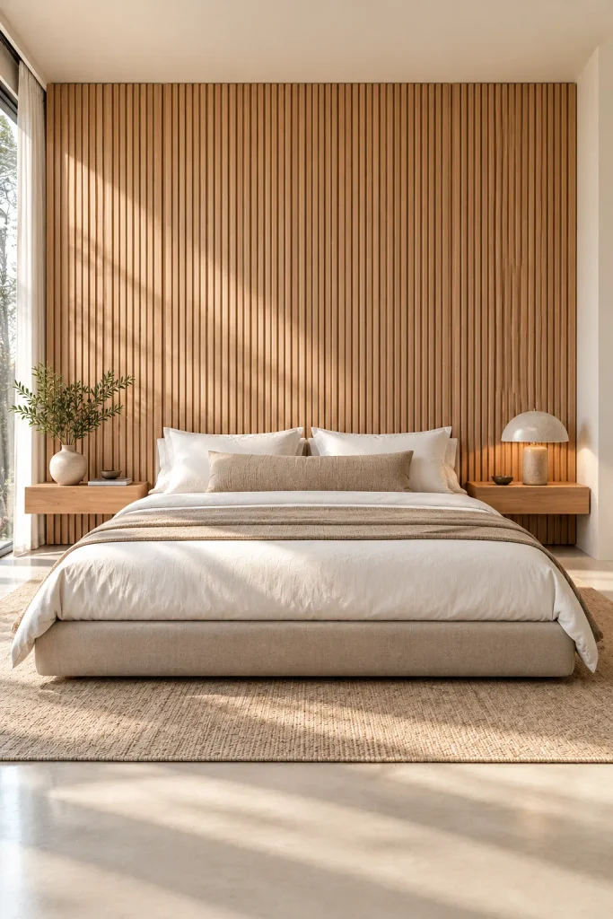 Wall-to-wall headboard in a minimalist bedroom – minimalist bedroom idea