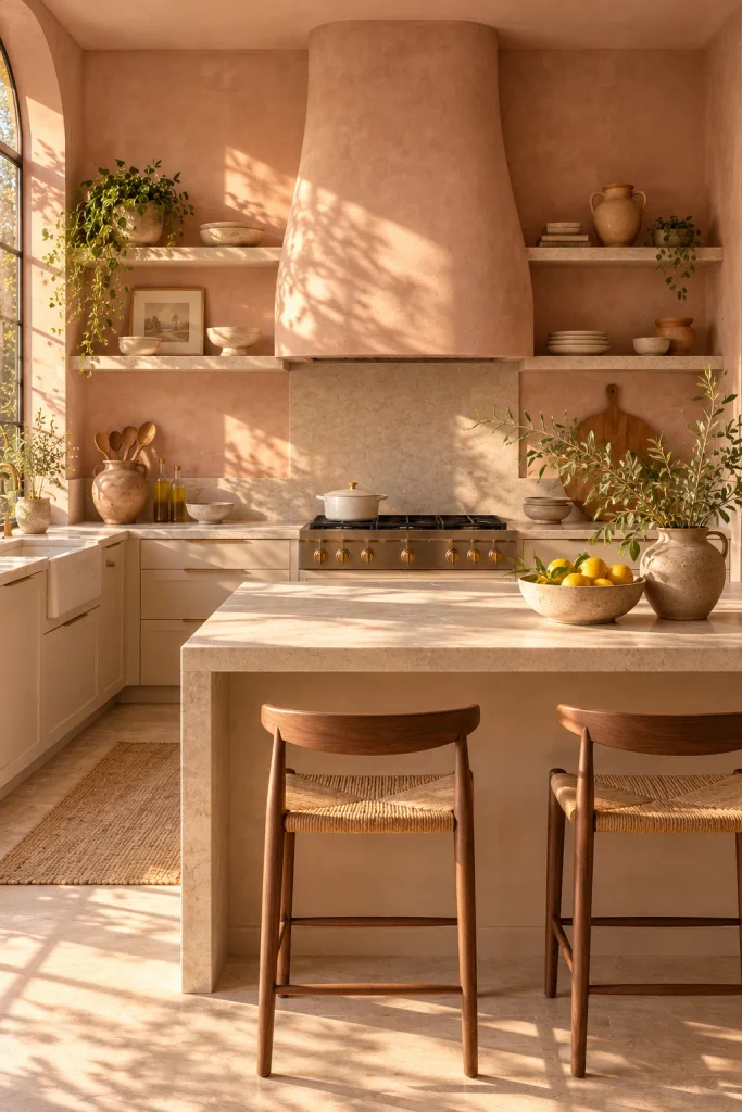 Warm neutral kitchen color idea: sand and clay pink