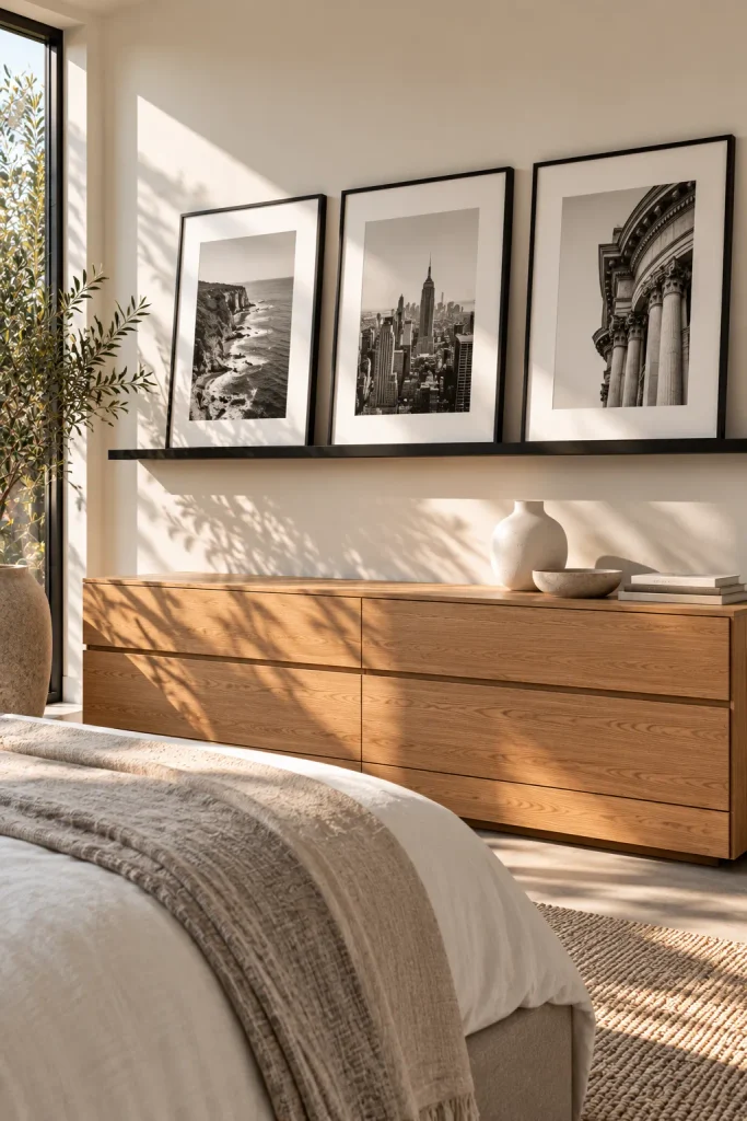 Gallery wall of personal photos in a bedroom – minimalist bedroom idea