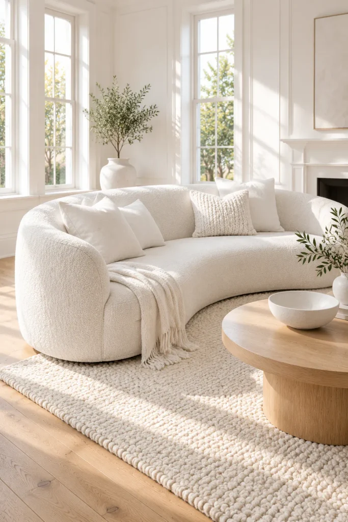Curved white boucle sofa in a cozy living room – warm white living room idea