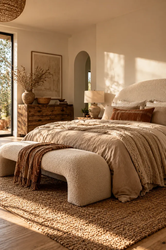 Boho bedroom idea: soften the lines with curves and boucle