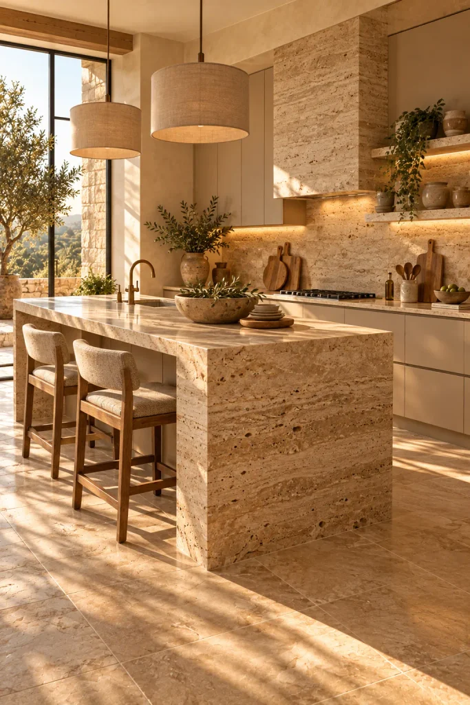 Warm neutral kitchen color idea: stone beige with travertine