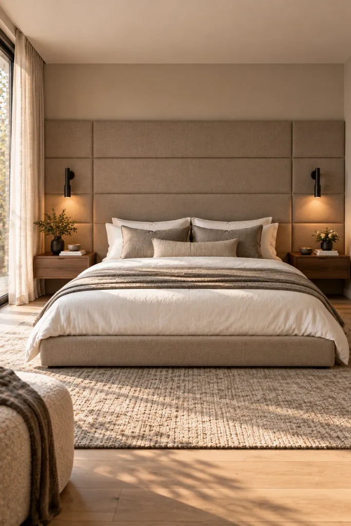 Master bedroom makeover idea: stretch the headboard across the whole wall