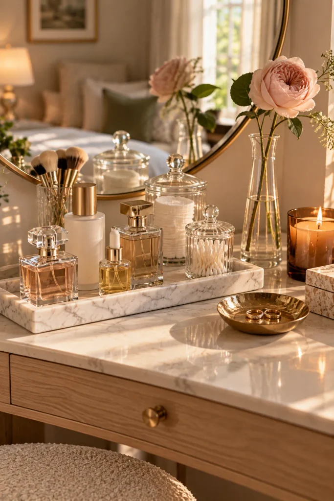 Small bedroom vanity idea: style the tabletop like a shop display