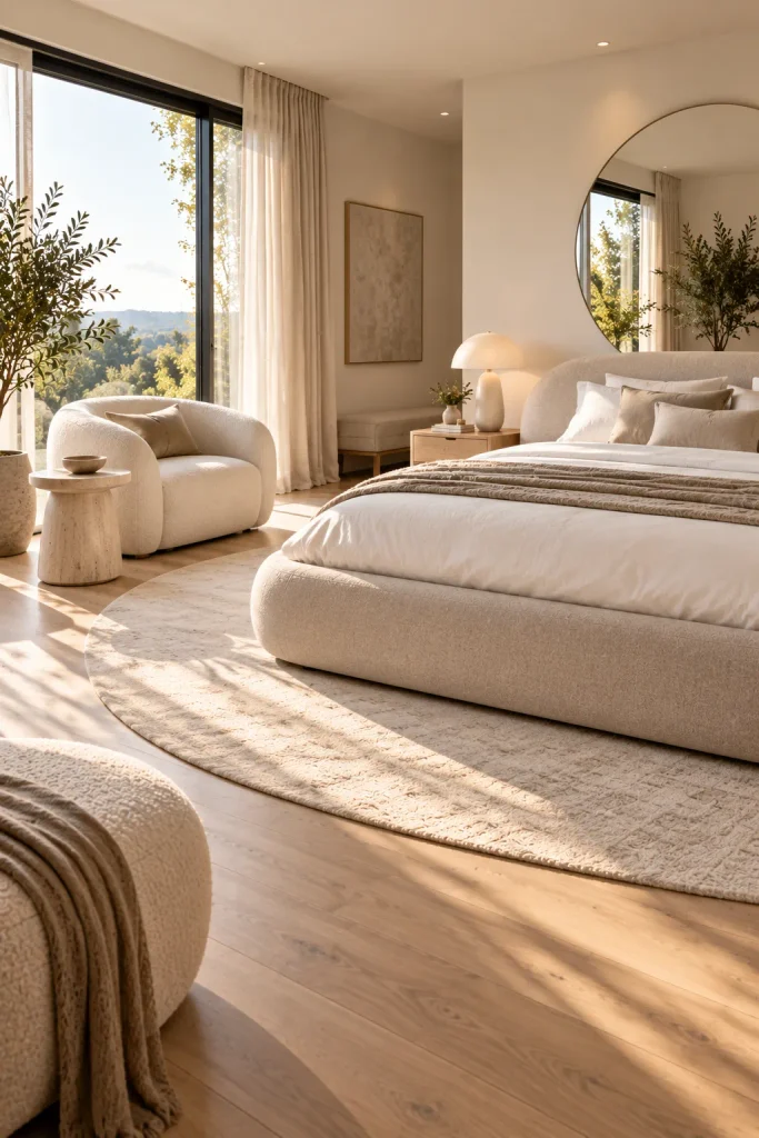 Master bedroom makeover idea: swap boxy furniture for soft curves