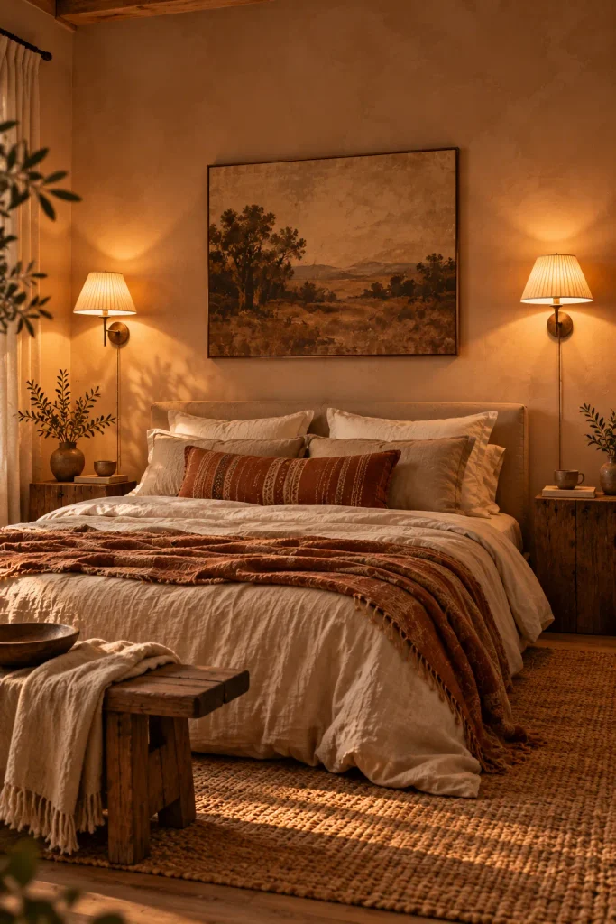 Boho bedroom idea: swap table lamps for plug in sconces