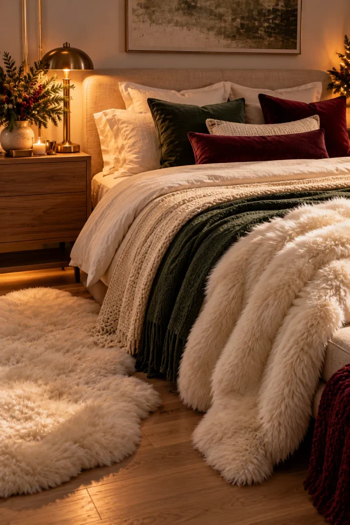 Christmas bedroom decor idea: swap your textiles for velvet and faux fur