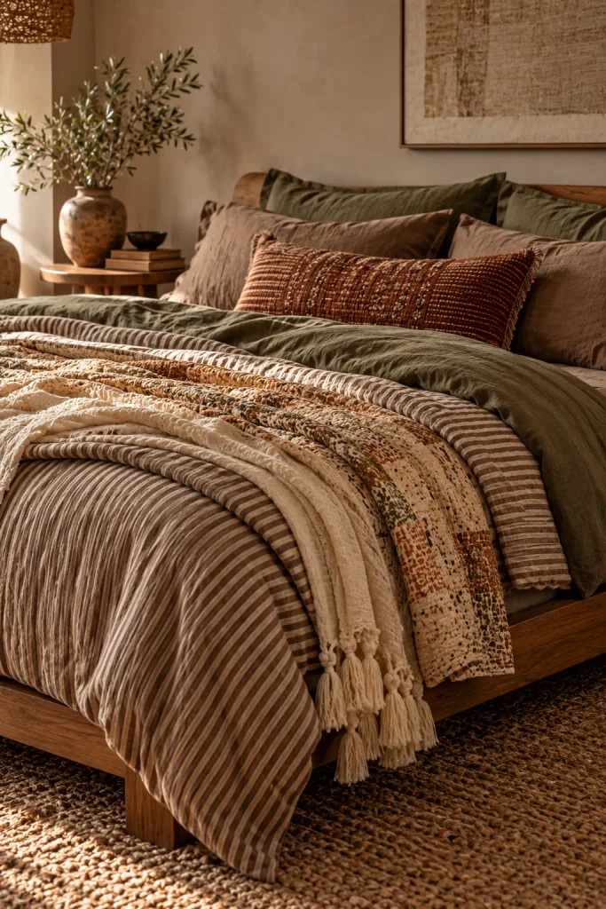 Boho bedroom idea: trade bright patterns for tonal stripes and mocha linen