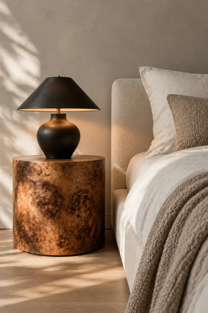 Mismatched sculptural nightstands beside a bed – minimalist bedroom idea