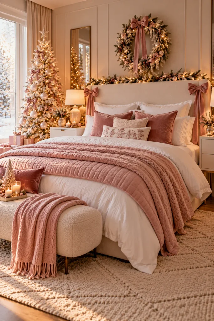 Christmas bedroom decor idea: try a soft pink christmas
