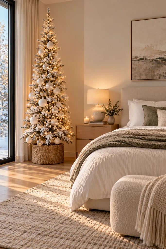 Christmas bedroom decor idea: tuck a flocked tree into a quiet corner