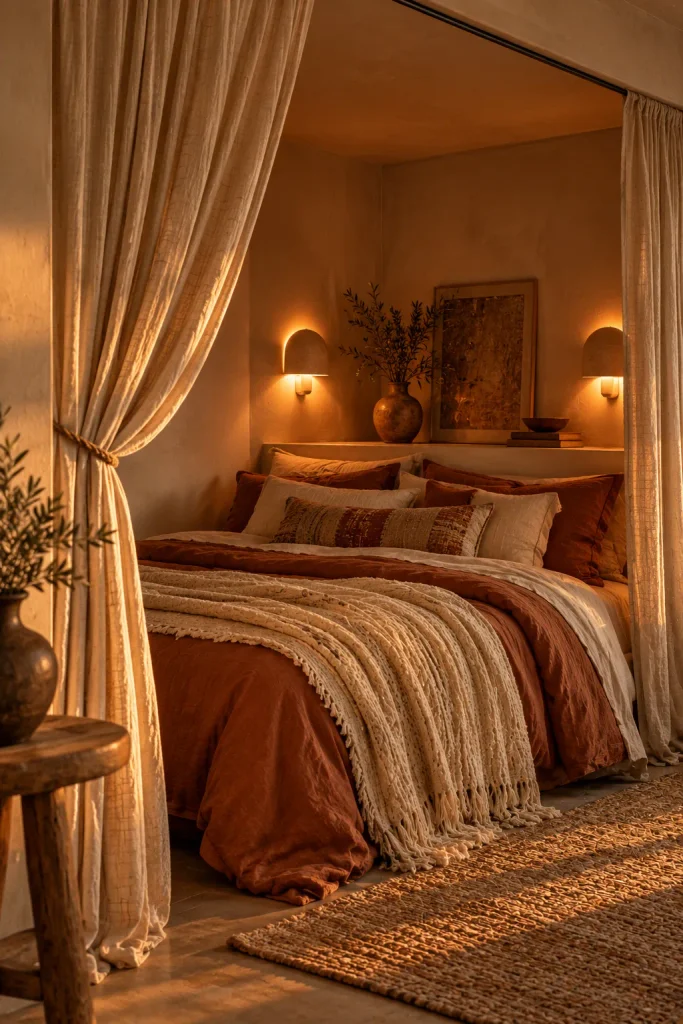 Boho bedroom idea: tuck the bed into a curtained nook