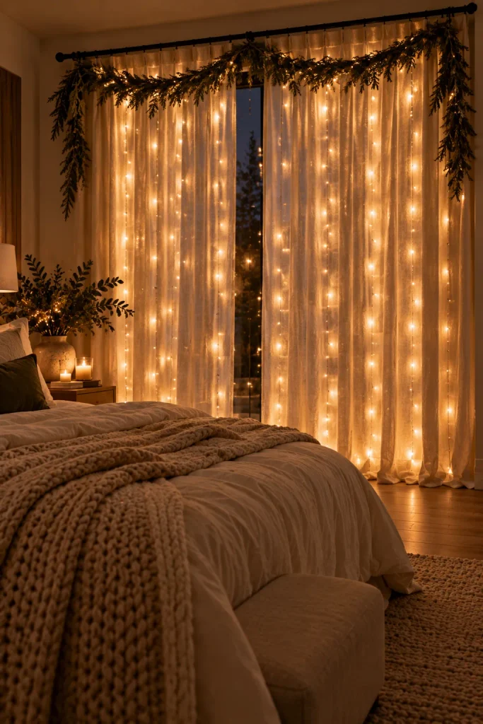 Christmas bedroom decor idea: turn your window into a wall of light