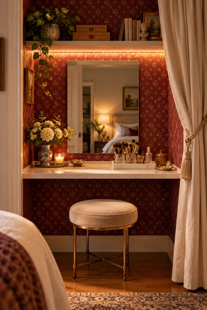 Small bedroom vanity idea: turn a closet nook into a hidden glam room