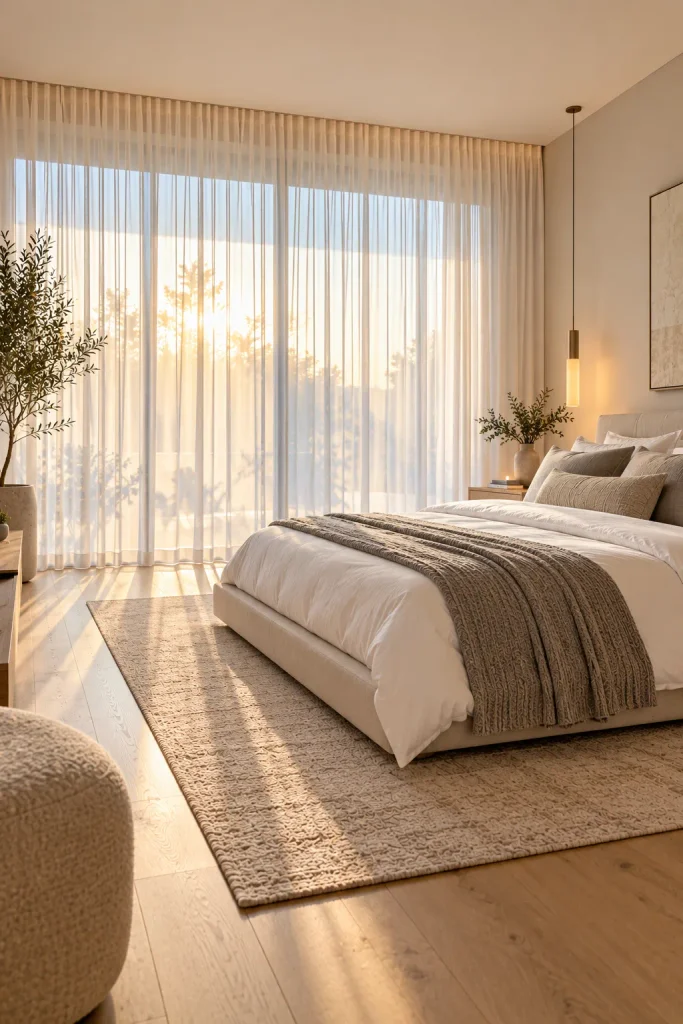 Master bedroom makeover idea: turn the window wall into soft fabric
