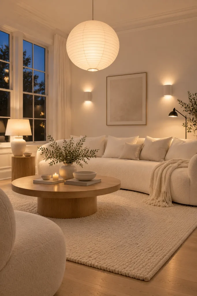 White living room lit with several small lamps – warm white living room idea
