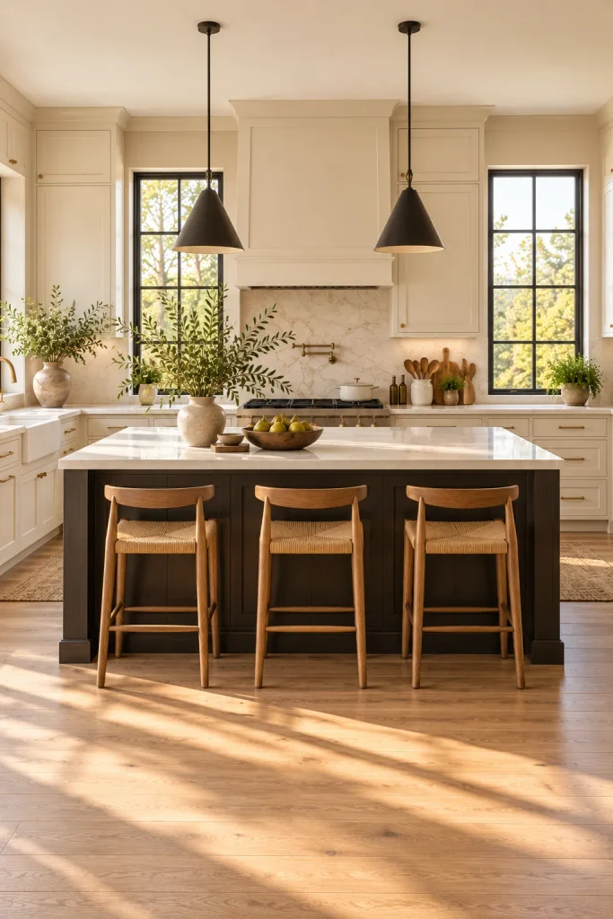 Warm neutral kitchen color idea: warm ivory and soft black