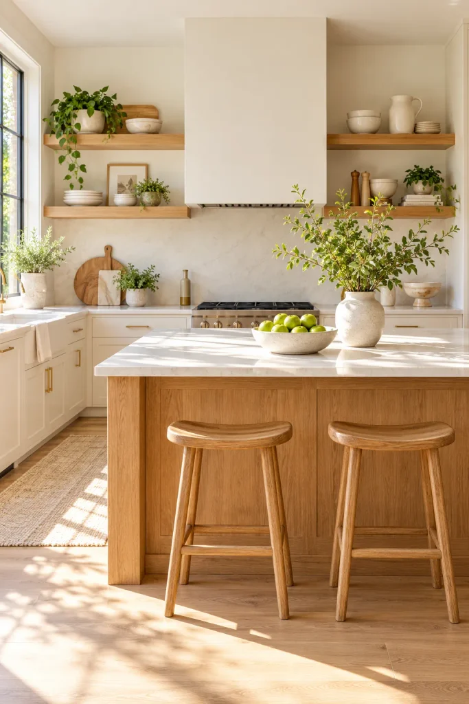 Warm neutral kitchen color idea: warm white and honey oak