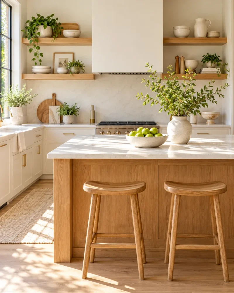 Warm neutral kitchen color idea: warm white and honey oak