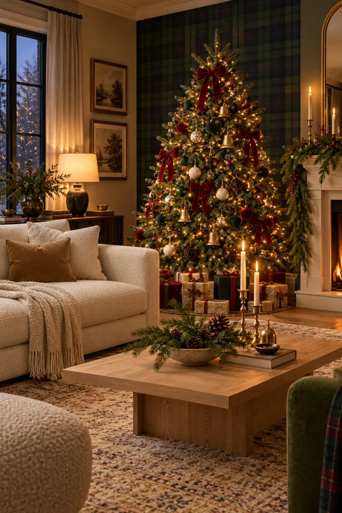 Ralph Lauren inspired Christmas idea: wrap one wall in tartan behind the tree