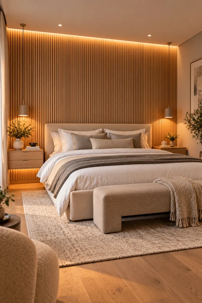 Master bedroom makeover idea: wrap the bed wall in fluted wood and hidden light