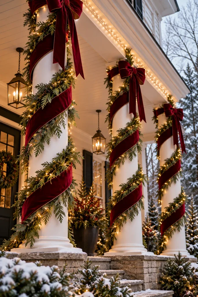 Christmas front porch idea: wrap the columns in wide velvet ribbon