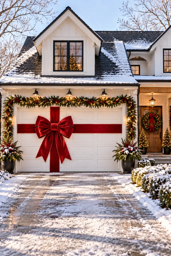 Outdoor Christmas decoration idea: wrap the garage door like a present