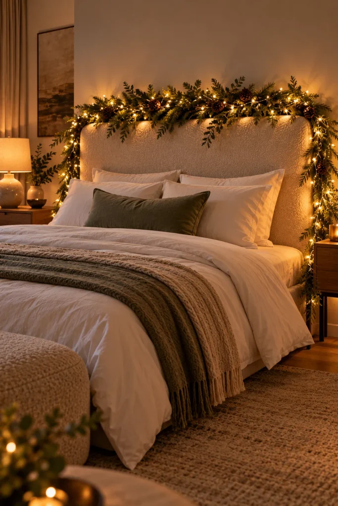 Christmas bedroom decor idea: wrap the headboard in lit greenery