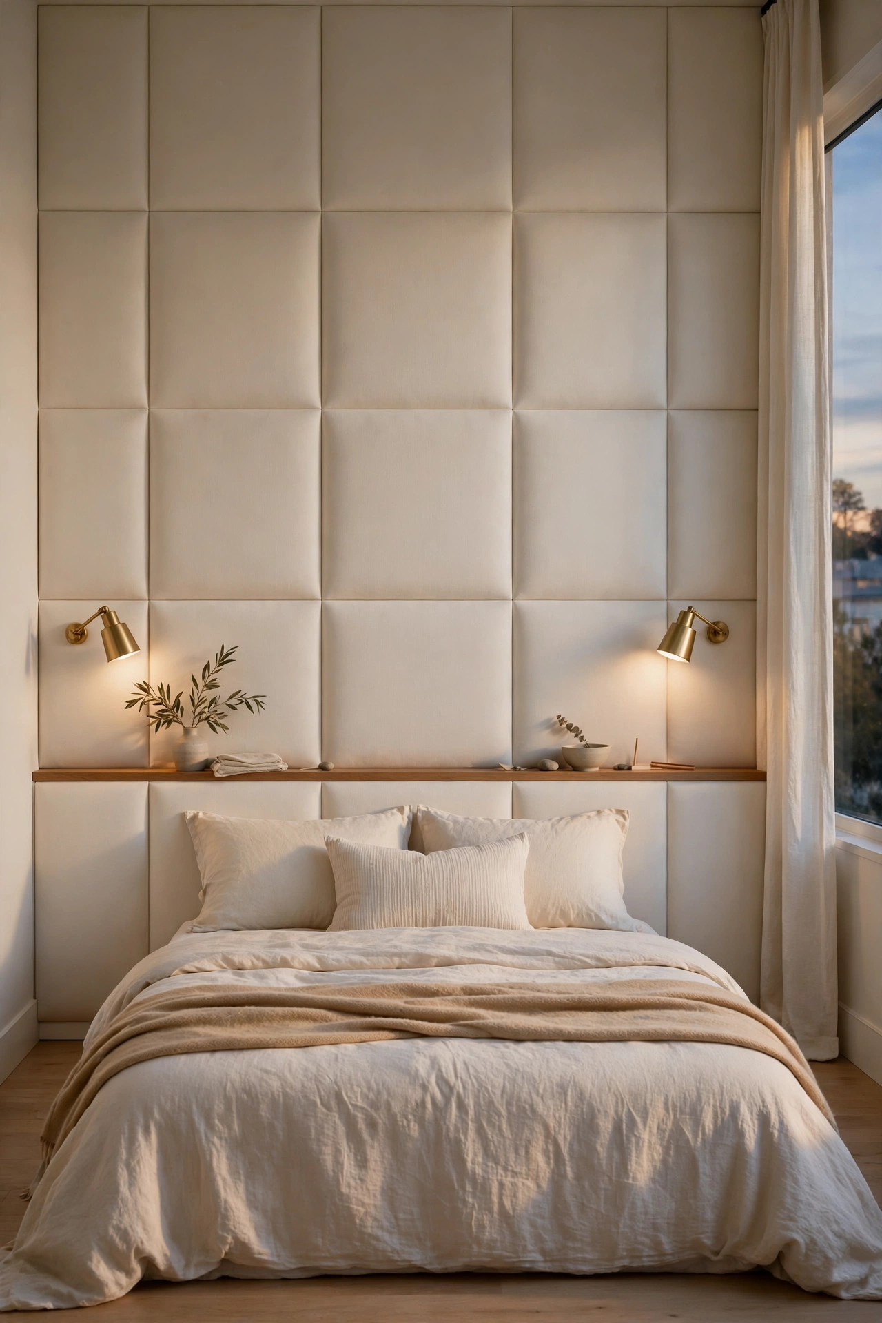 Full height bed wall with upholstered panels, sconces and a pillow height ledge