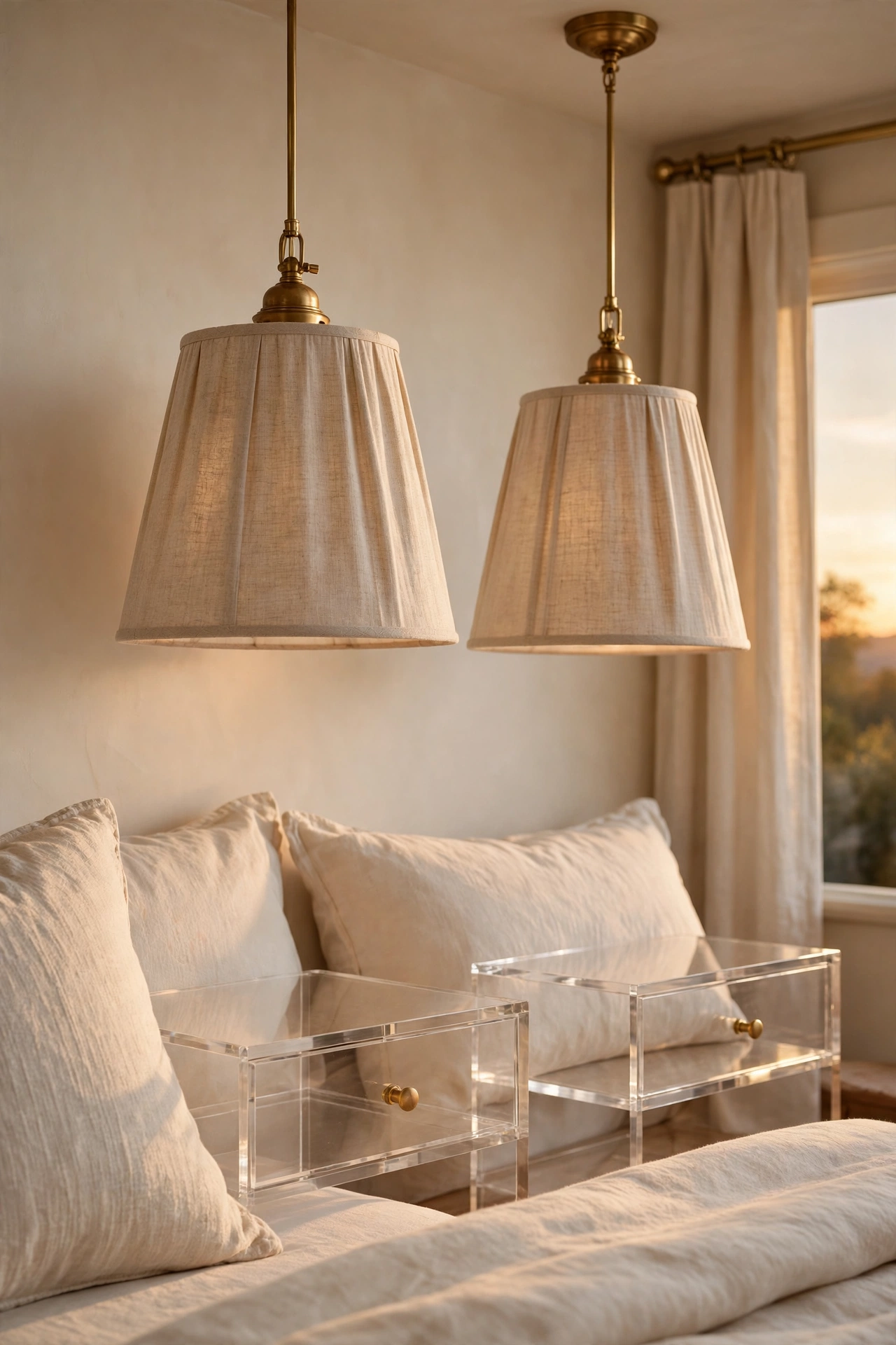 Bedside pendants that free the tables, hung above a hotel style bed