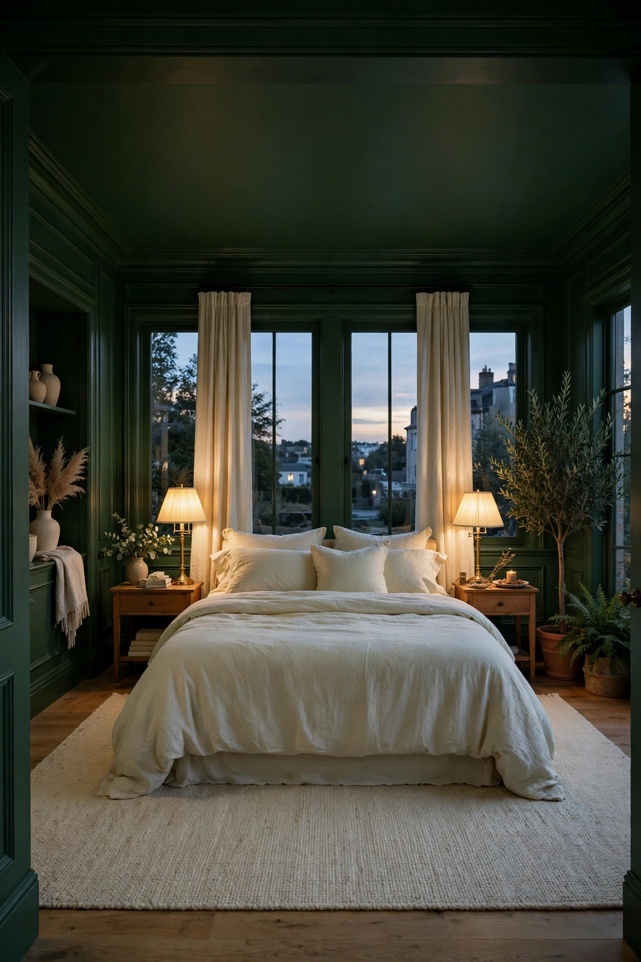 Colour drenched dark suite in deep green with pale bedding and brass details