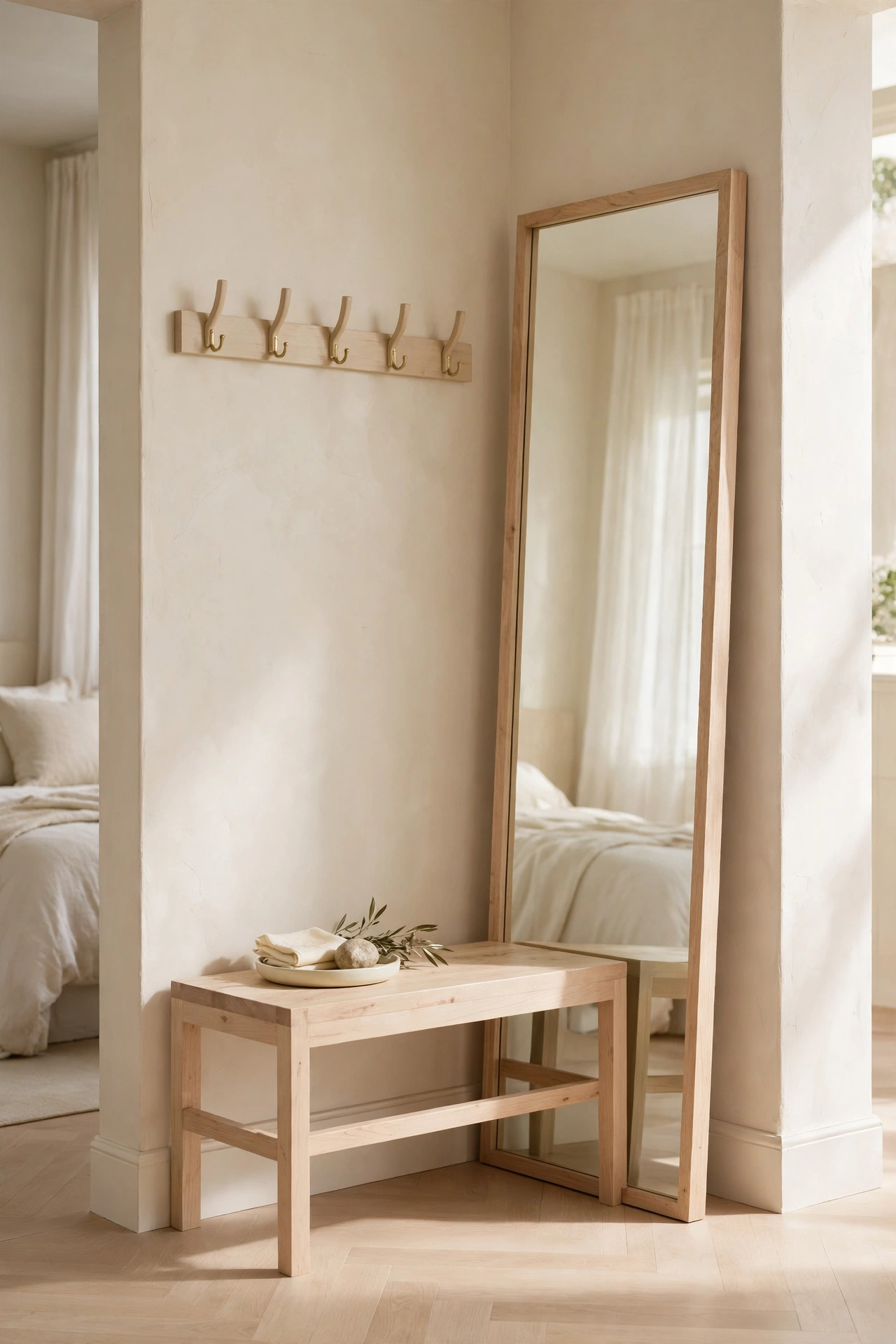 Entry zone with a low bench, wall hooks and a full length mirror beside the bedroom door