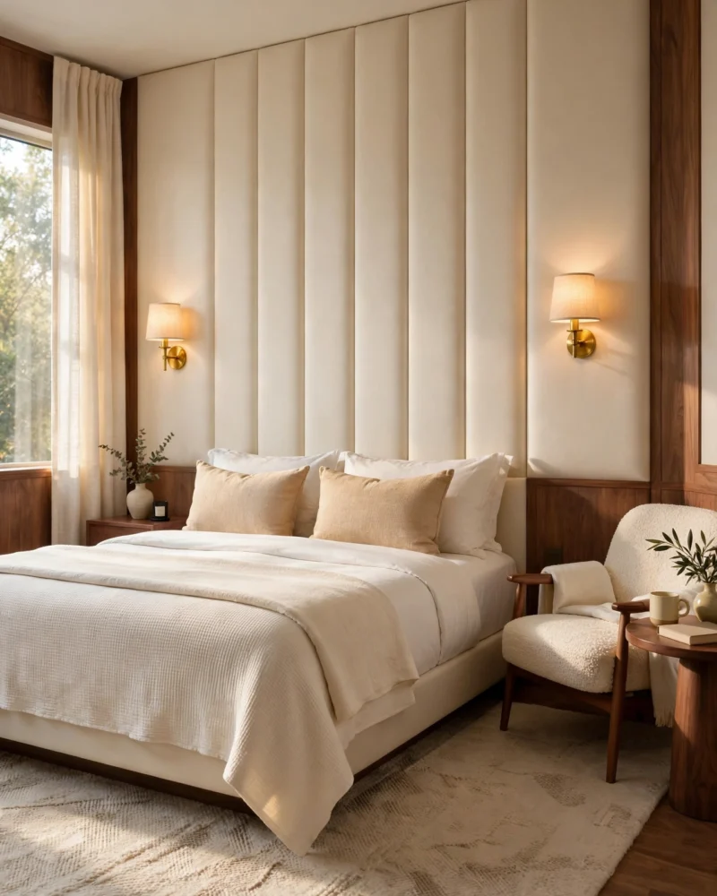 Boutique Hotel Style Bedroom with a tall upholstered bed wall, warm sconce light, a lounge chair and a large wool rug