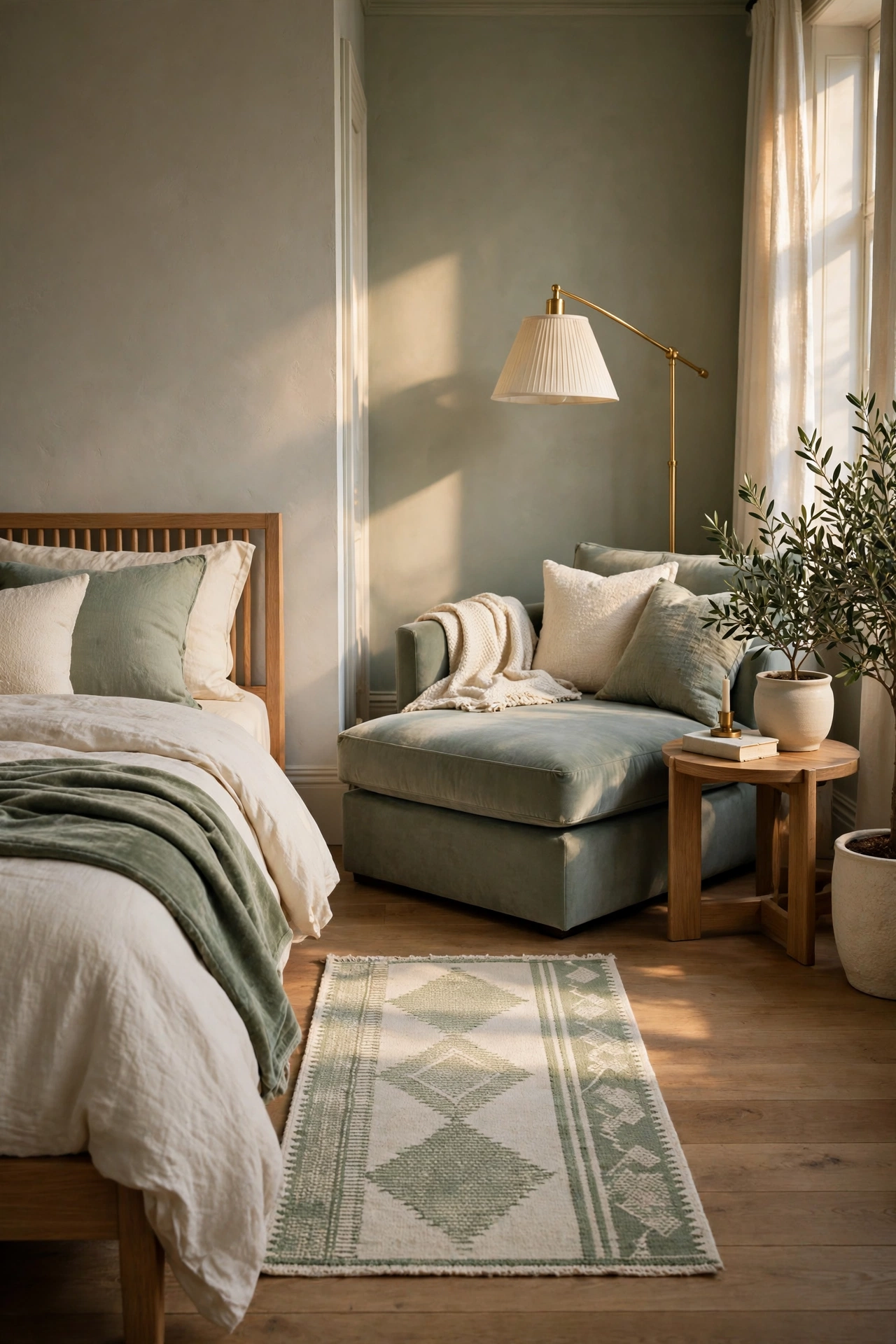 Lounge corner with a chaise, a side table and a floor lamp on its own rug