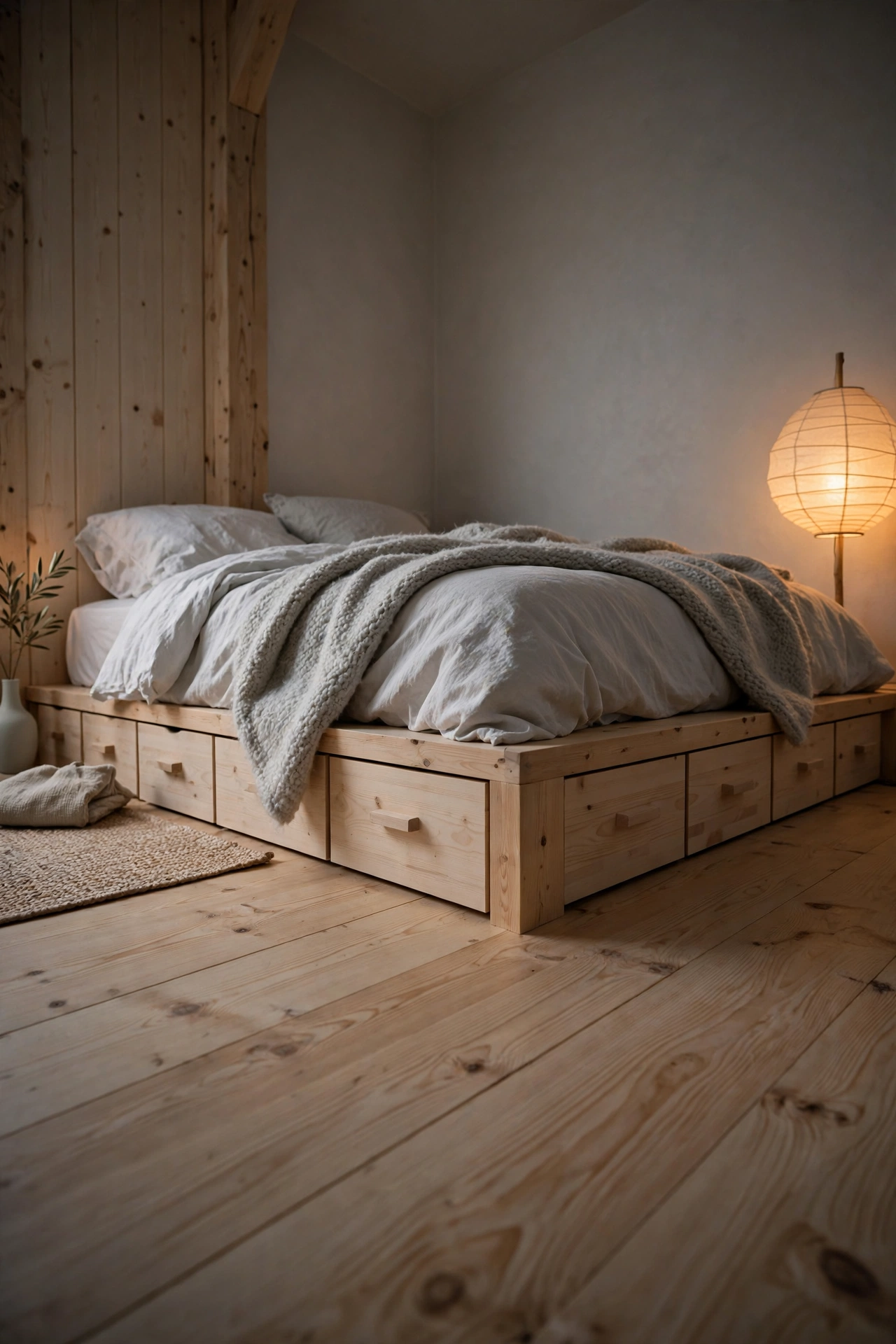 Low platform sleep zone in a calm Japandi mood with a paper floor lamp