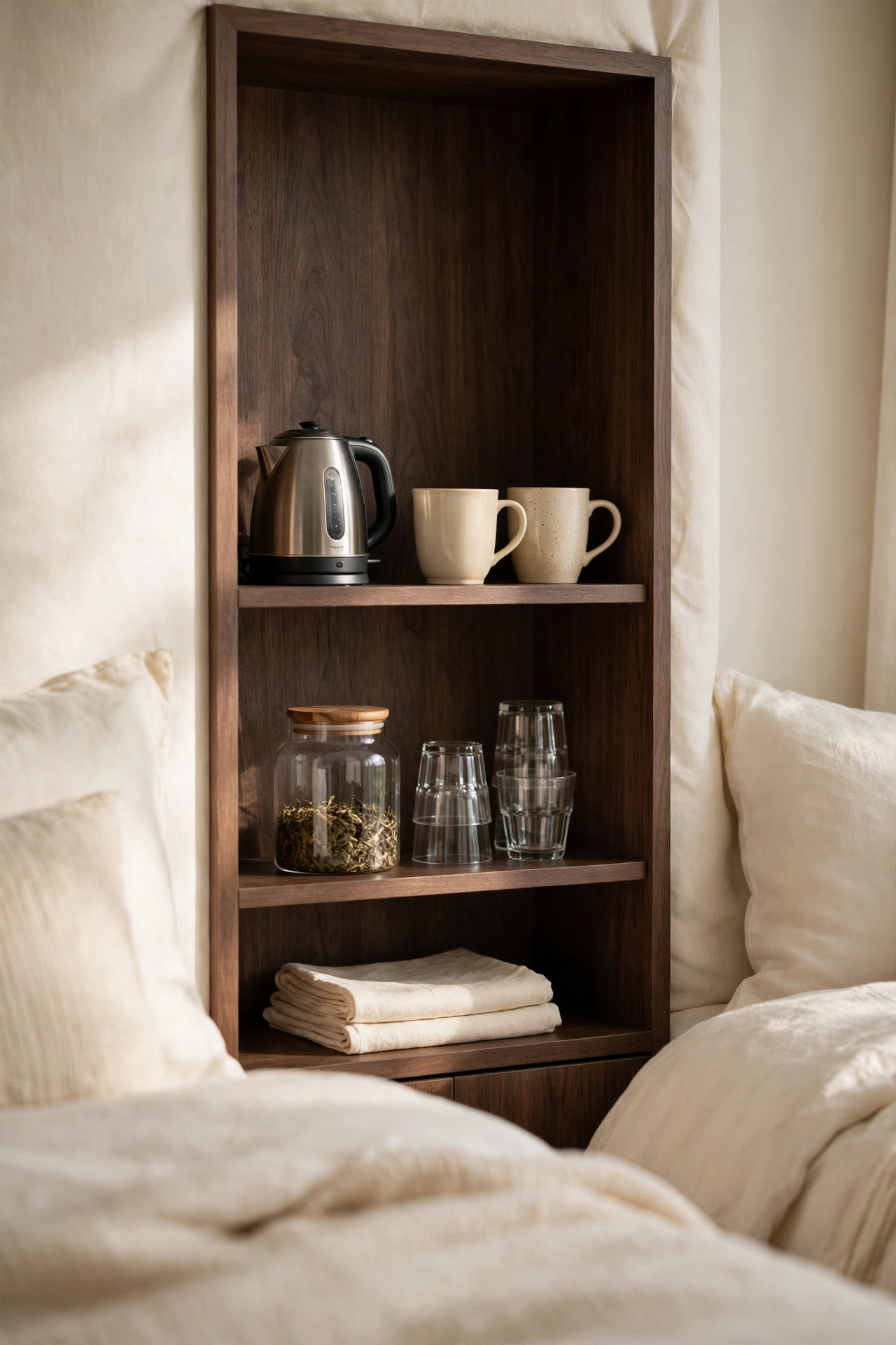 Refreshment niche built into the wall with a kettle, mugs and glasses