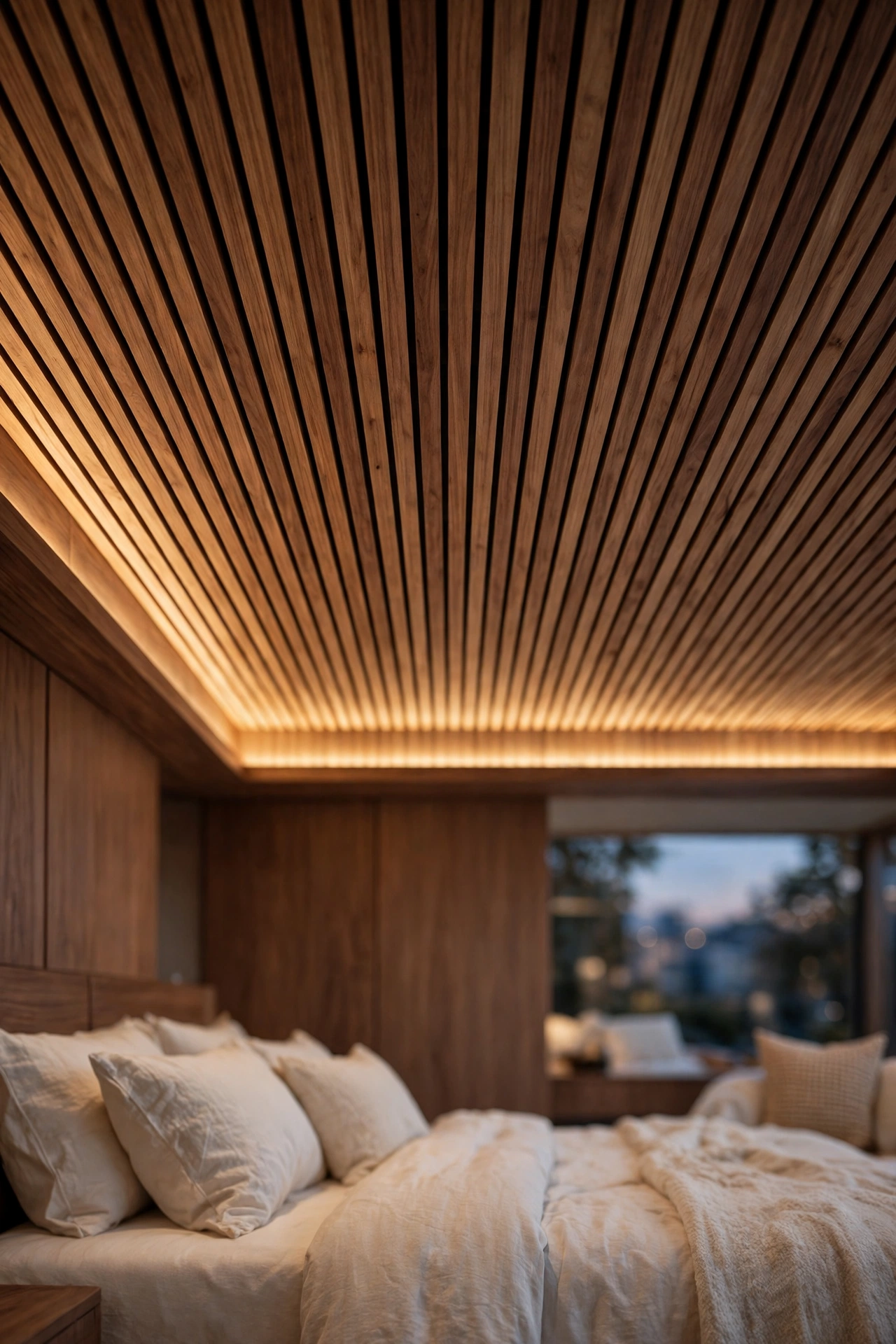 Timber slat ceiling with hidden cove light in a bedroom
