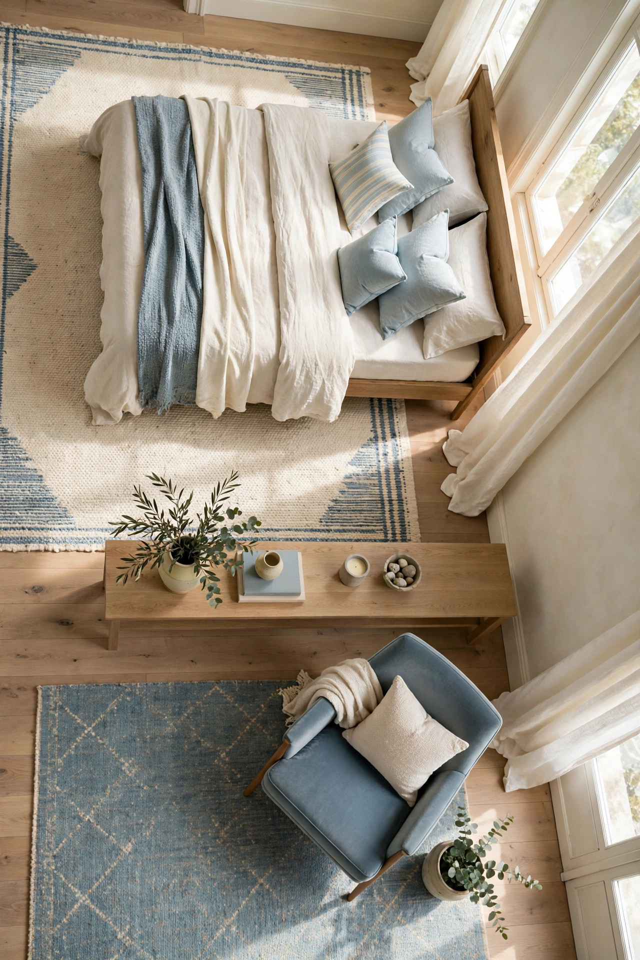 Two zone floor plan divided by rug and console, with a large rug under the bed and a smaller rug under the chair