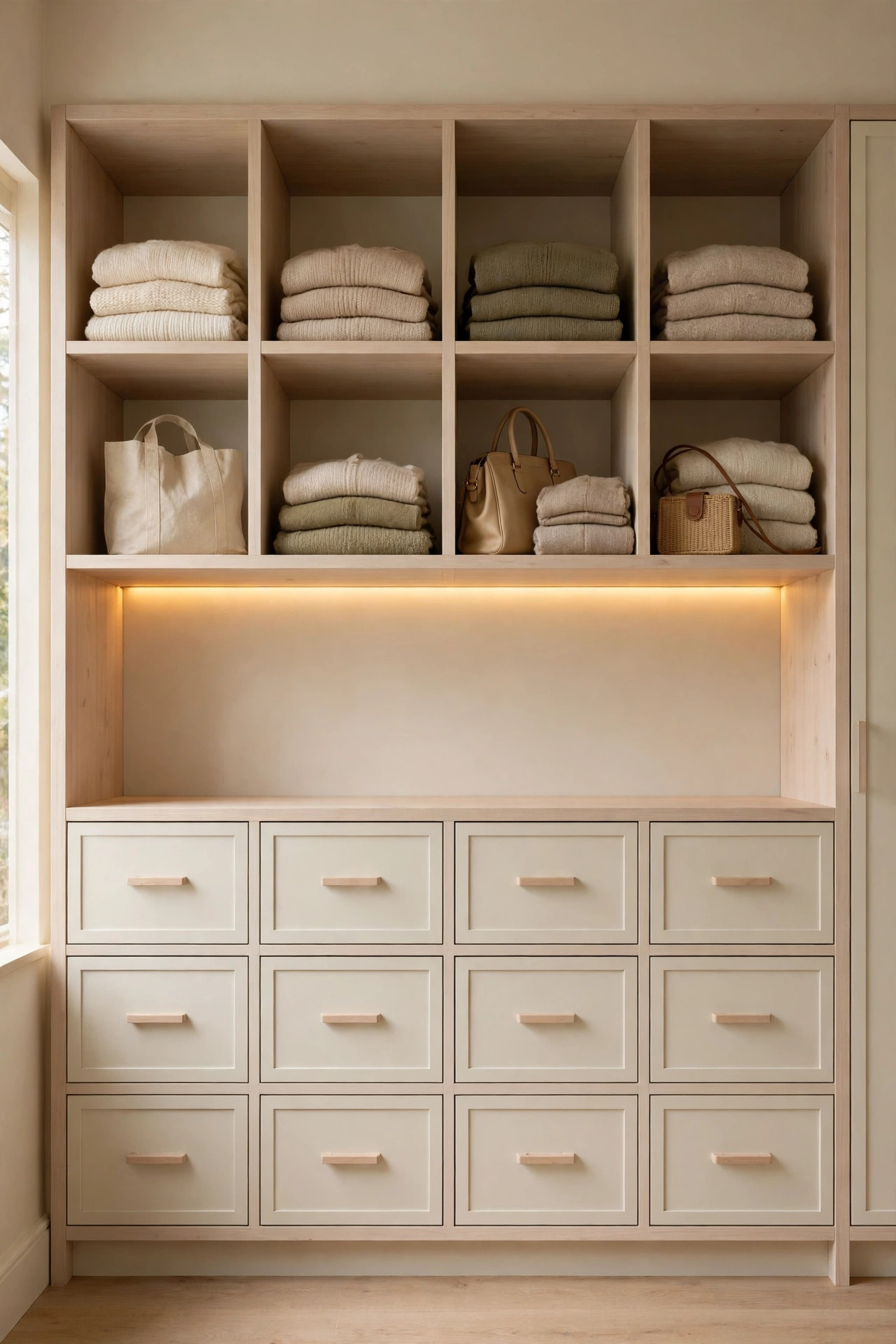 Wardrobe wall with display and closed storage, open shelves and closed drawers
