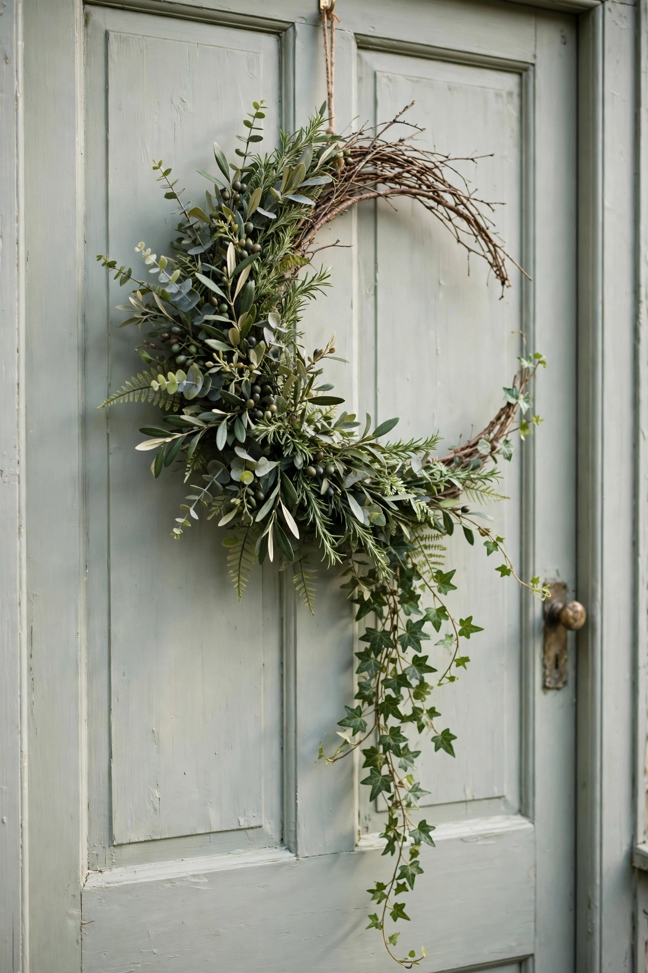 Asymmetric crescent wreath with a long trailing tail on a front door