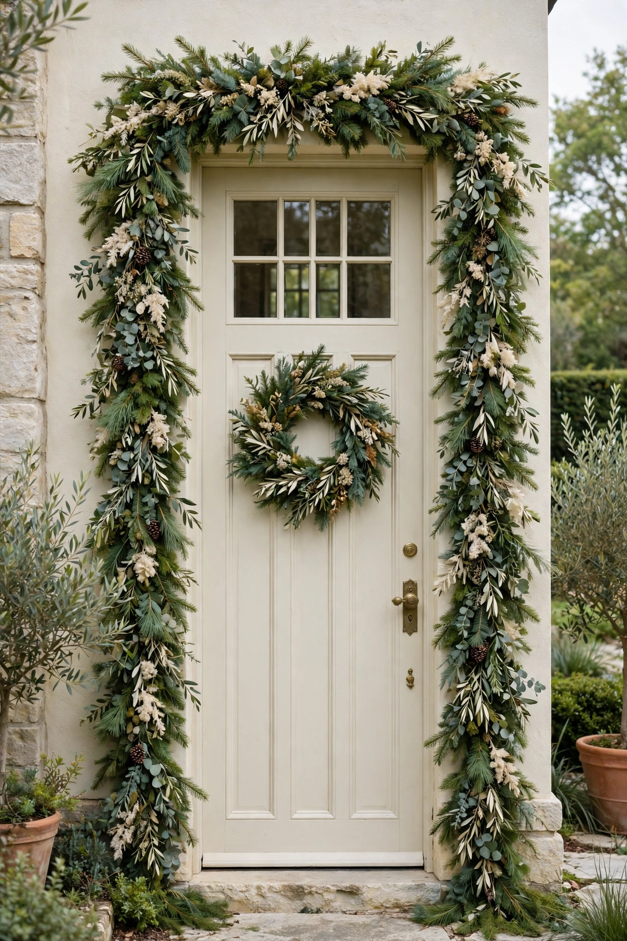Wreath with a door topper and side garland framing the entrance