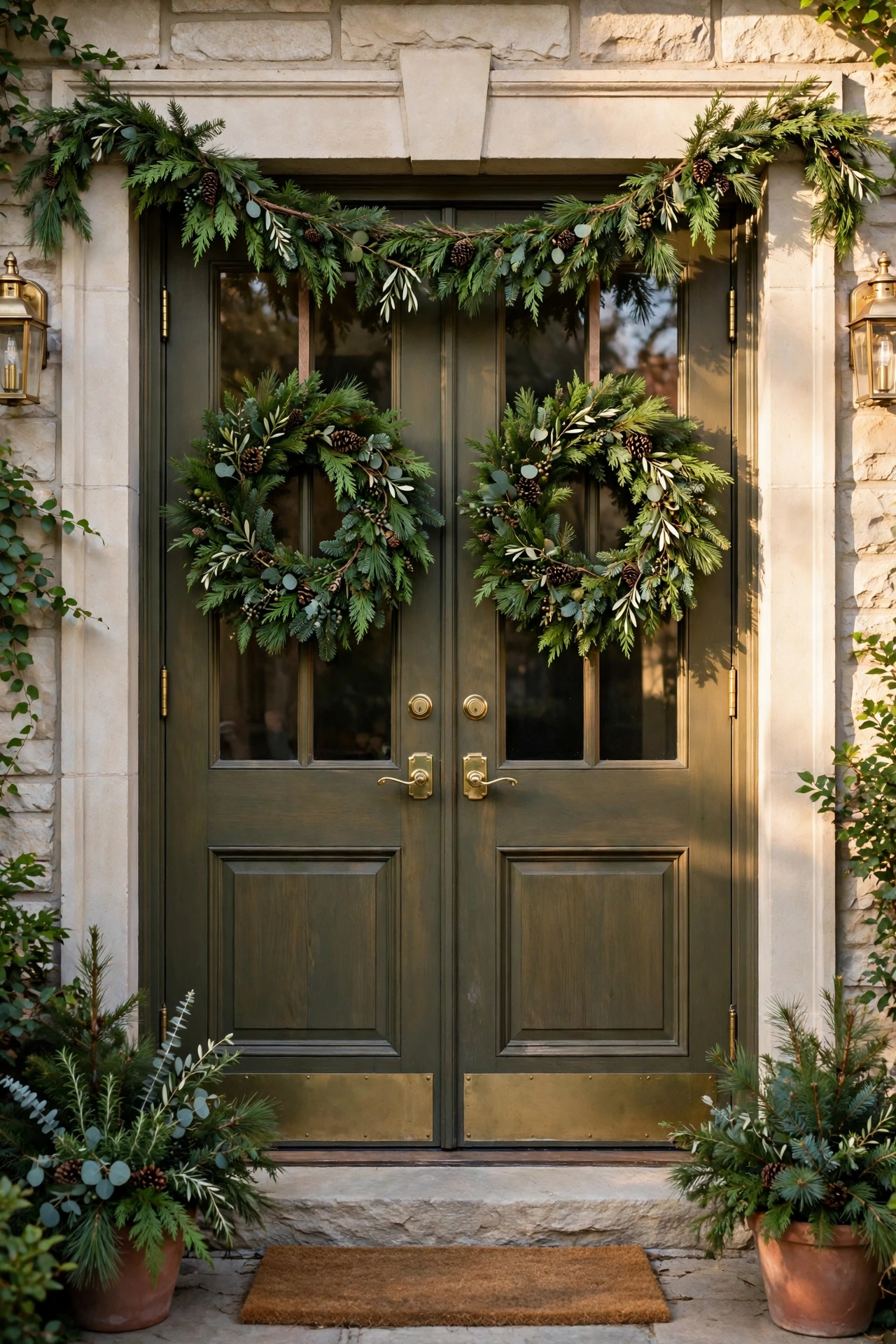 Matched pair of wreaths for double doors linked by a centre swag