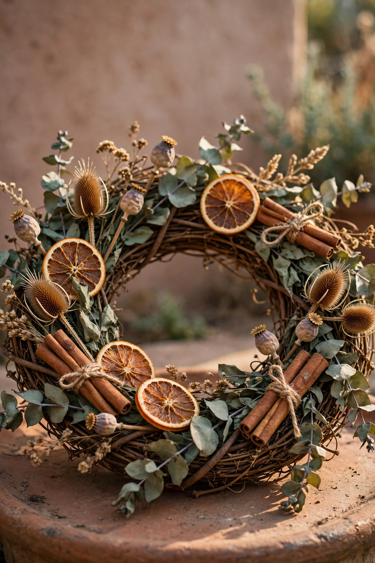Dried and foraged wreath that lasts all season with eucalyptus, dried oranges and cinnamon