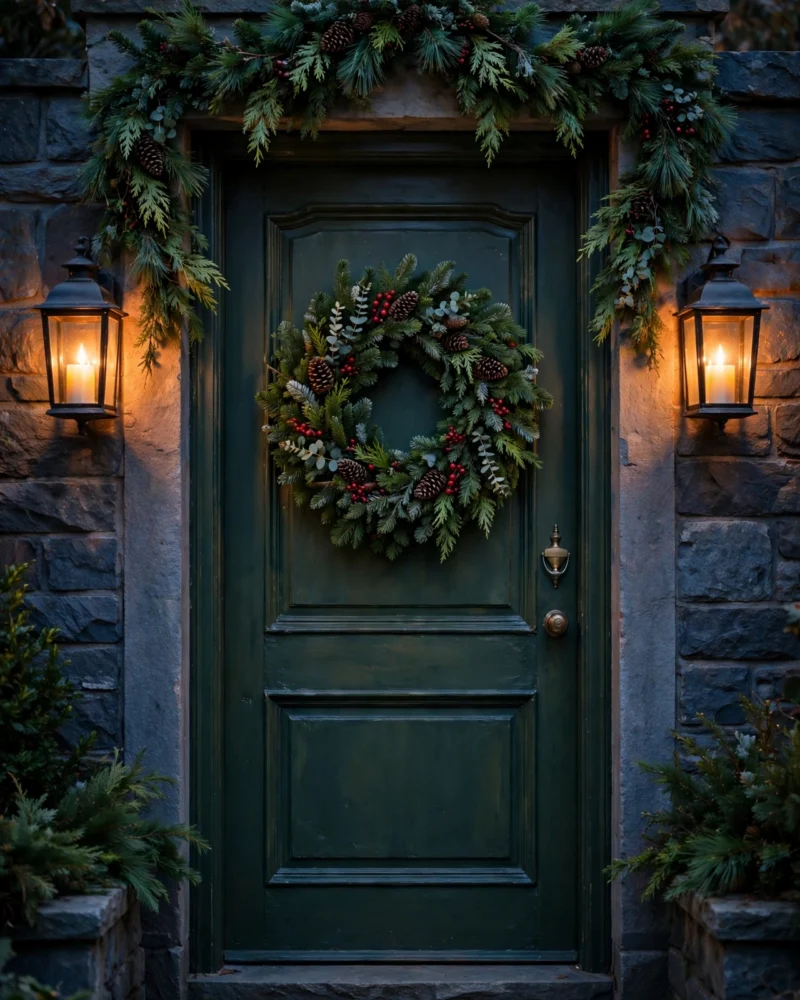 Christmas Wreaths on a front door at dusk, with a full evergreen wreath, garland, lanterns and warm light