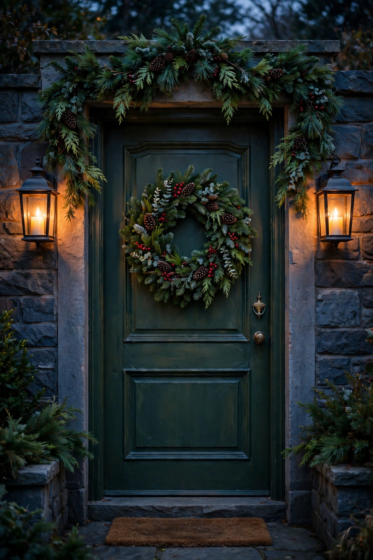 Christmas Wreaths on a front door at dusk, with a full evergreen wreath, garland, lanterns and warm light