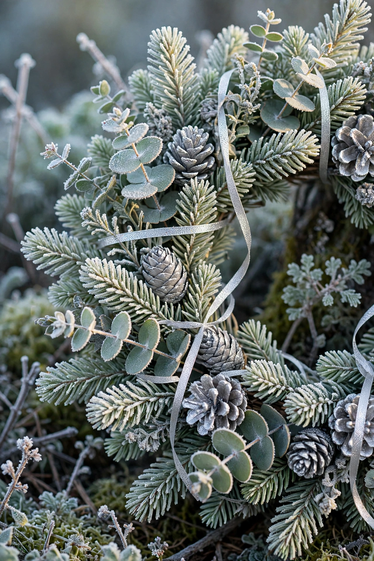 Frosted woodland wreath in cool quiet tones with cones and a silver ribbon