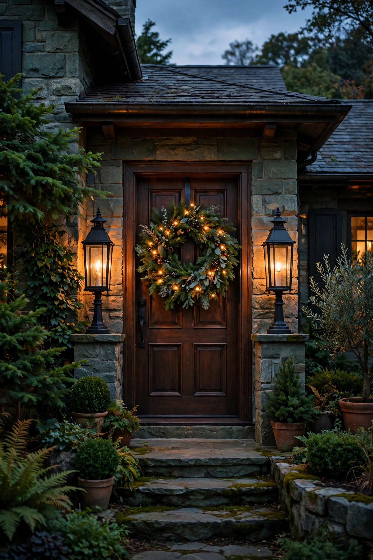 Lit wreath with candle lanterns flanking the door at dusk