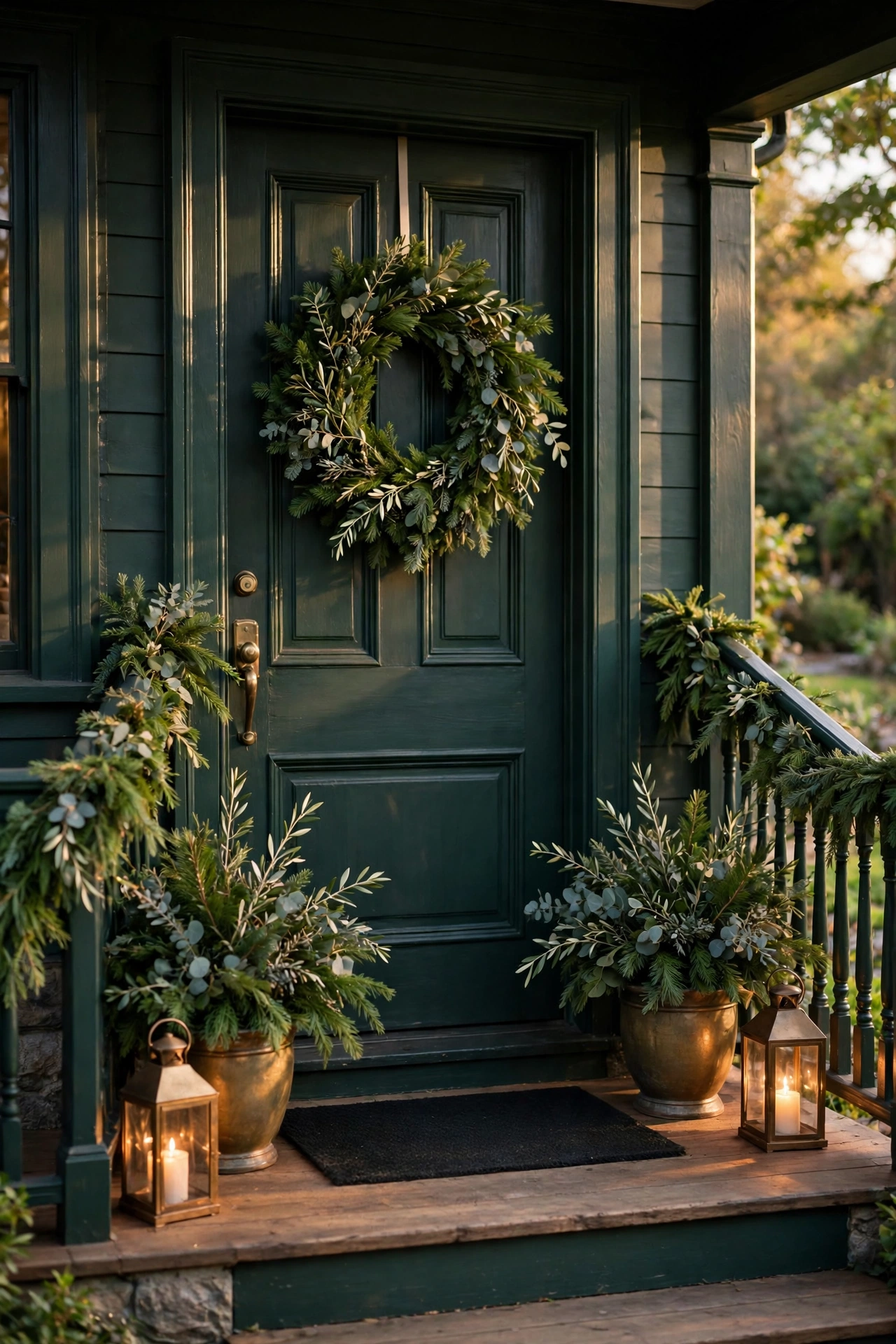 Whole porch scheme built around one wreath with garland, planters and lanterns